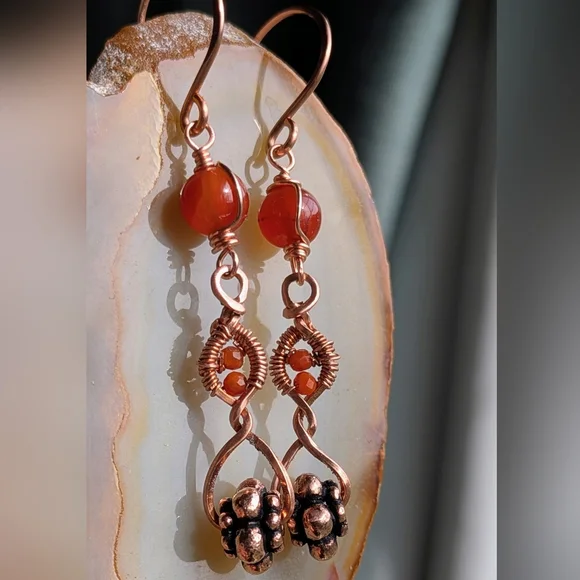 Copper Dangle Earrings Orange-Red Carnelian Agate Artisan Crafted - Picture 16 of 16